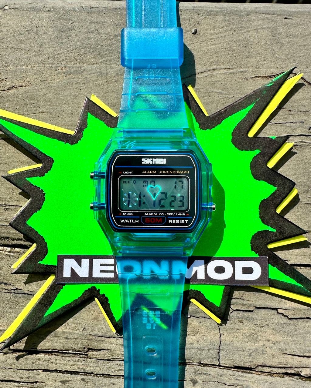Blue Holo Watch - Rainbow Holographic Heart - Clear SKMEI Digital Watch