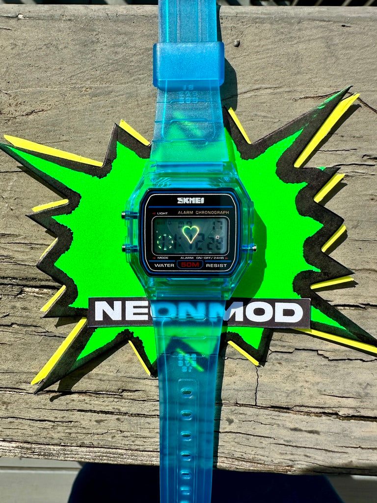 Blue Holo Watch - Rainbow Holographic Heart - Clear SKMEI Digital Watch