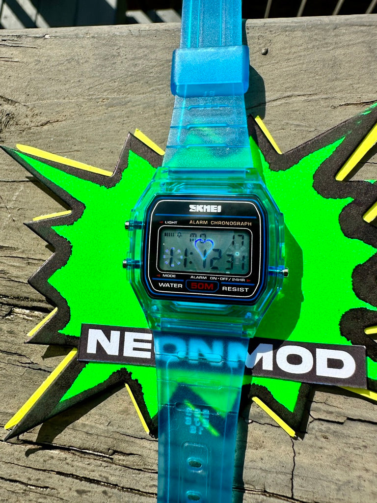 Blue Holo Watch - Rainbow Holographic Heart - Clear SKMEI Digital Watch