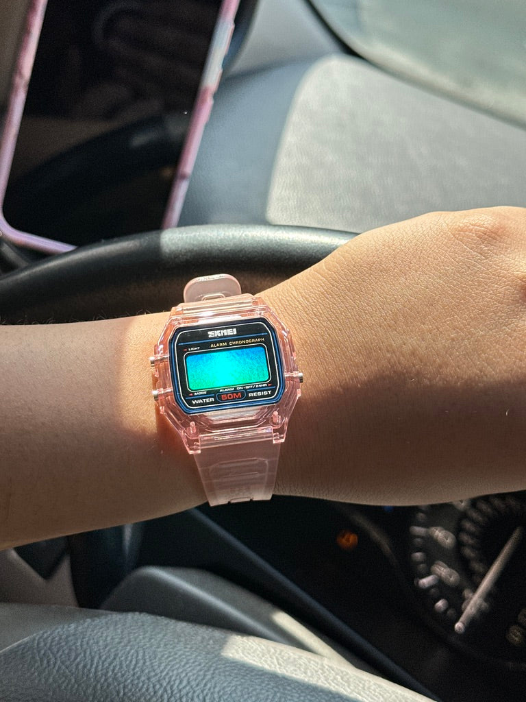 PINK Transparent Digital Watch – Rainbow Holographic Full Screen Mod - SKMEI