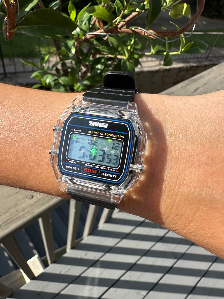 Midnight Ice Starburst Skmei Digital Watch - Rainbow Holo Mod - Clear and Black