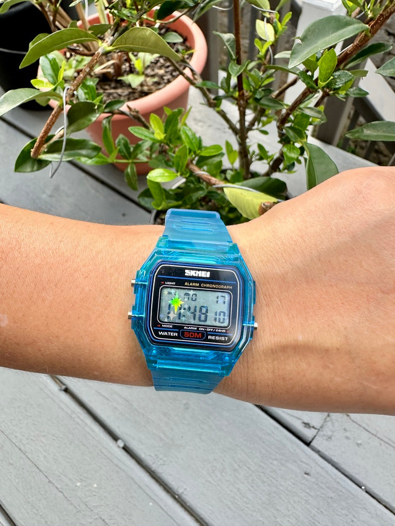 Starburst Mod Holographic Blue Y2K Watch - Translucent Retro Digital Wristwatch
