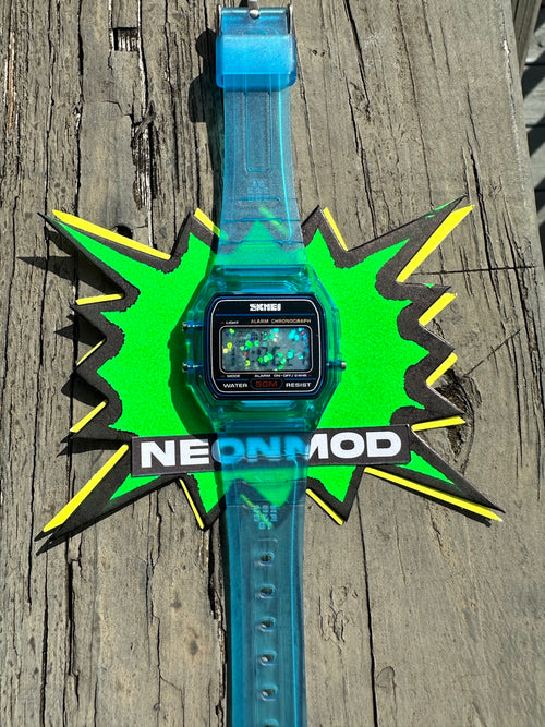Blue Holo Watch - Rainbow Holographic Glitter Dots - Clear Jelly SKMEI Digital Watch