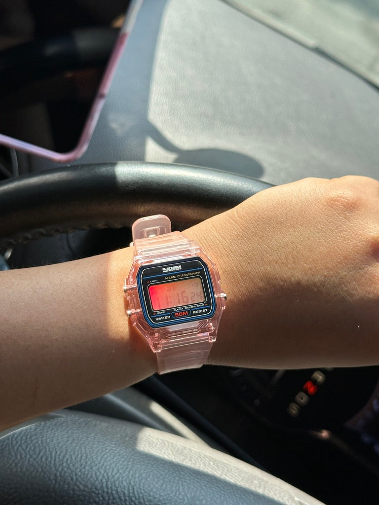 PINK Transparent Digital Watch – Rainbow Holographic Full Screen Mod - SKMEI