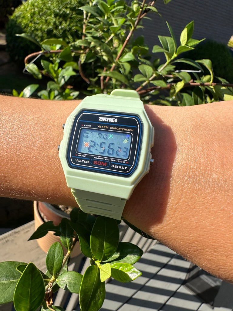 Honeydew Melon Starburst Skmei Digital Watch - Rainbow Holo Mod Pastel Light Green