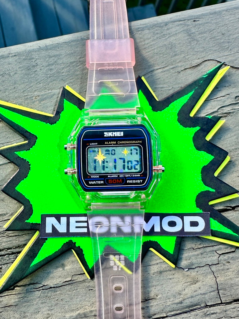 Pink Holo Watch - Rainbow Holographic Star Burst Mod - Clear SKMEI Digital Watch