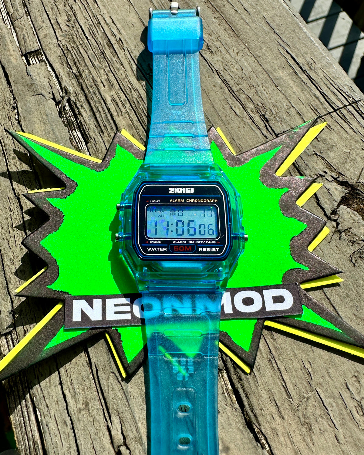 Blue Holo Watch - Rainbow Holographic Glitter Dots - Clear Jelly SKMEI Digital Watch