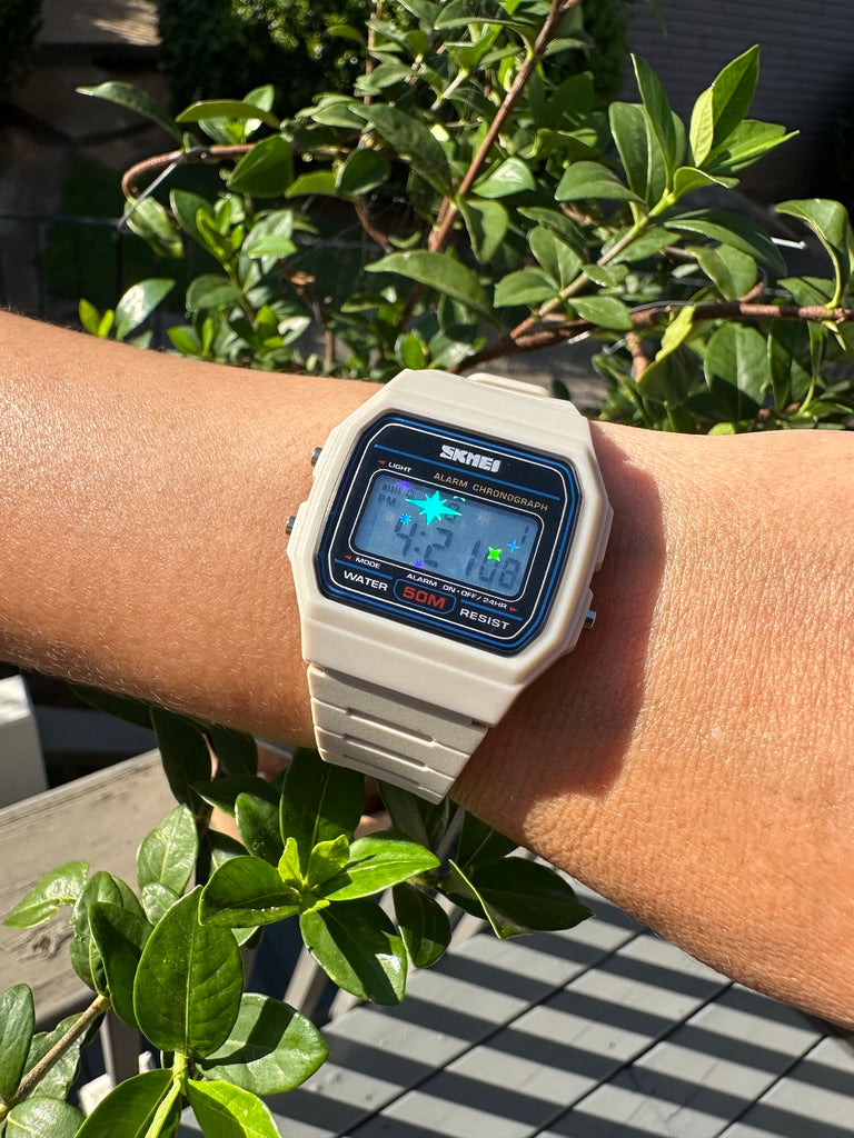 Retro Beige Starburst Skmei Digital Watch - Rainbow Holo Mod