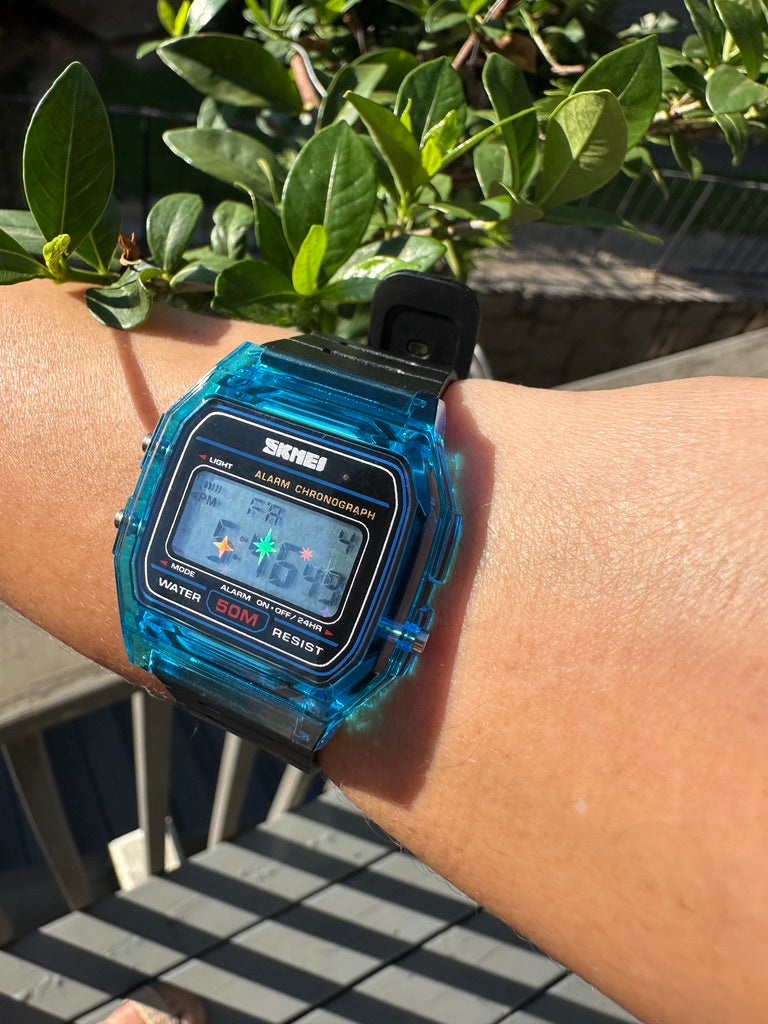 Phantom Aqua Starburst Skmei Digital Watch - Rainbow Holo Mod Jelly Blue Case Black Straps