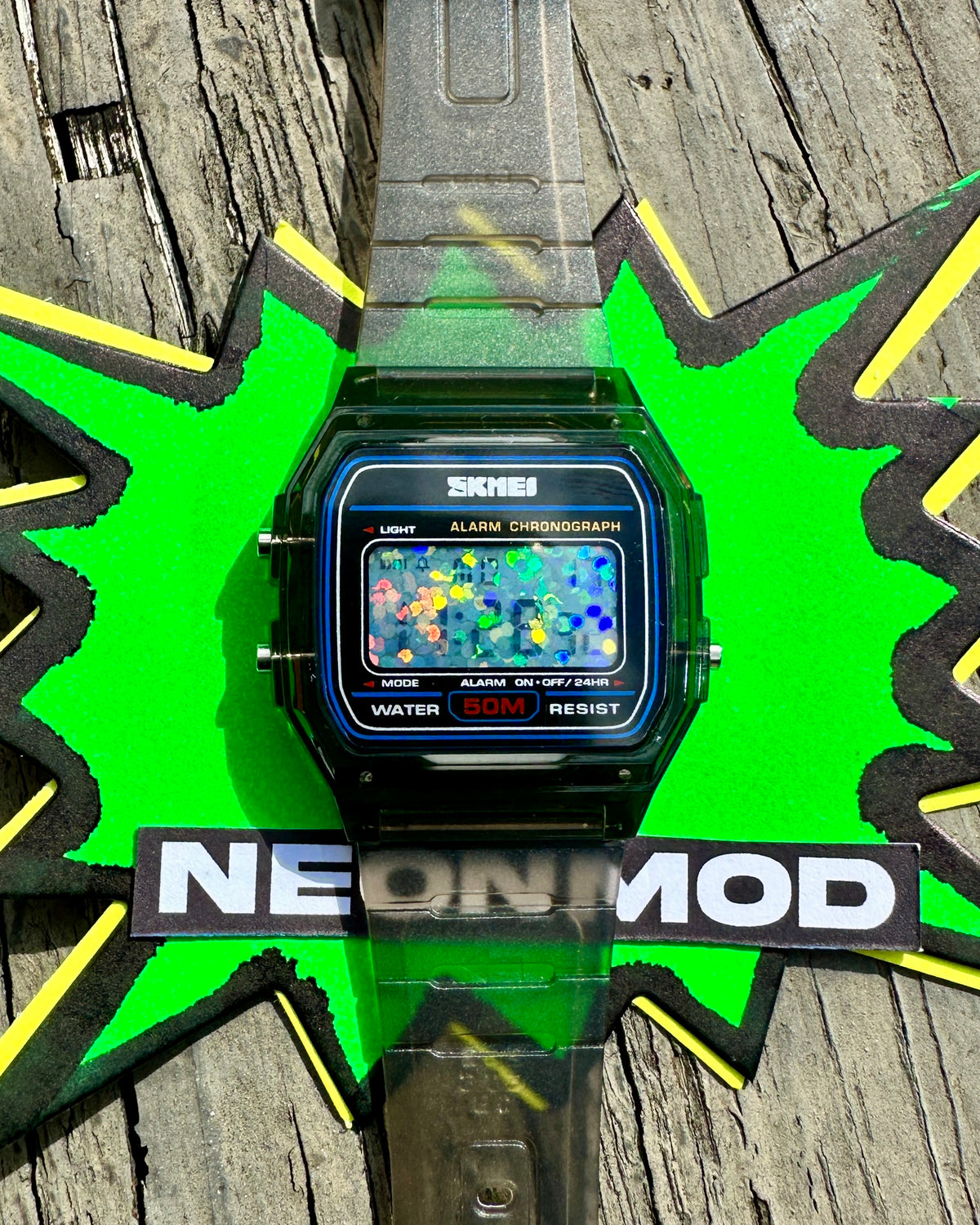 Clear Black Jelly SKMEI Mod Digital Watch - Holo Watch - Rainbow Holographic Glitter Dots