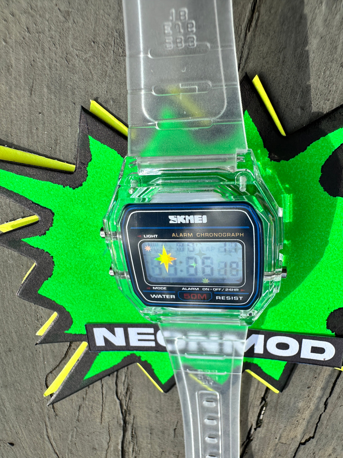 Transparent Holo Watch - Rainbow Holographic Star Burst Mod - Clear SKMEI Digital Watch