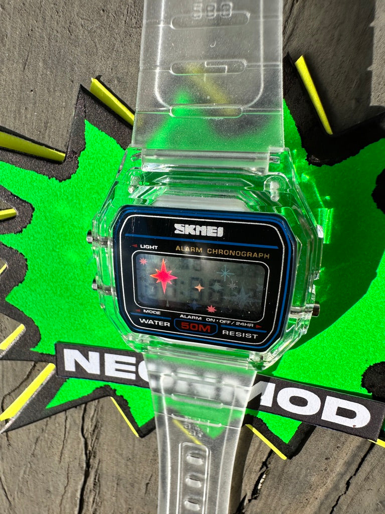 Transparent Holo Watch - Rainbow Holographic Star Burst Mod - Clear SKMEI Digital Watch