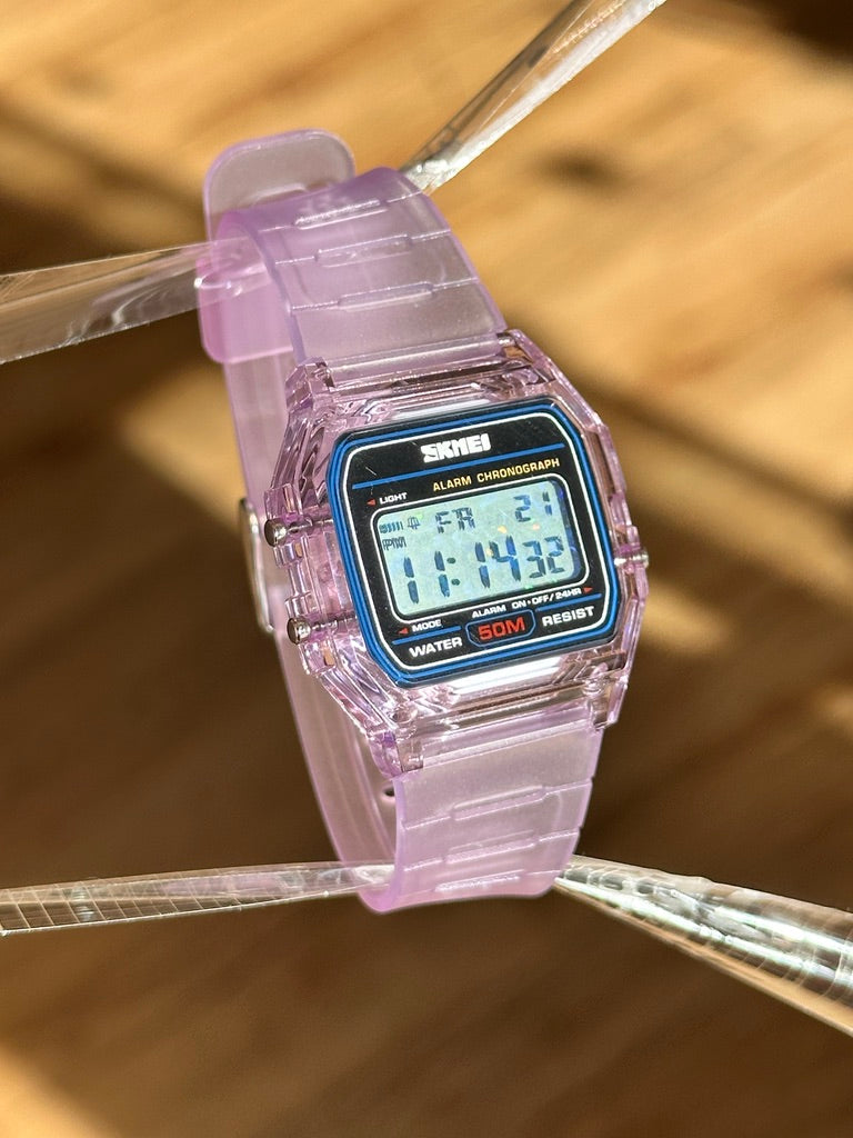 Purple Holo Watch - Rainbow Holographic Glitter Dots - Clear Jelly SKMEI Digital Watch