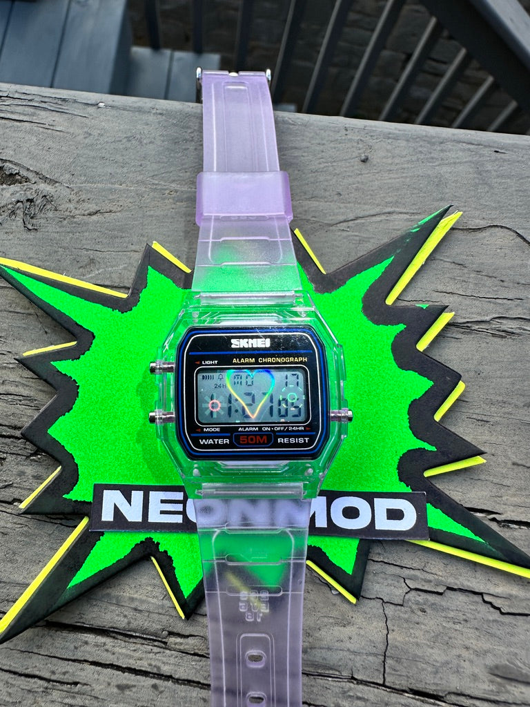 Purple Holo Watch - Rainbow Holographic Heart - Clear SKMEI Digital Watch