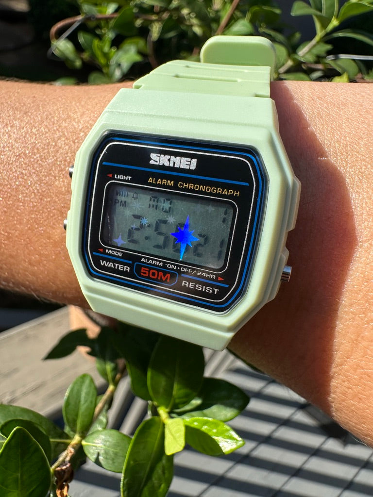 Honeydew Melon Starburst Skmei Digital Watch - Rainbow Holo Mod Pastel Light Green