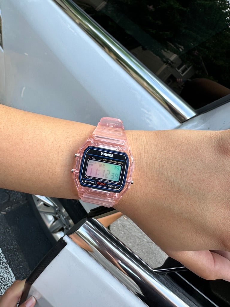 PINK Transparent Digital Watch – Rainbow Holographic Full Screen Mod - SKMEI