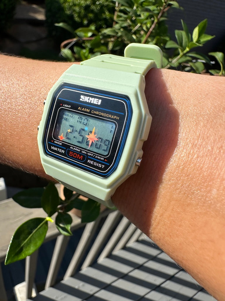 Honeydew Melon Starburst Skmei Digital Watch - Rainbow Holo Mod Pastel Light Green
