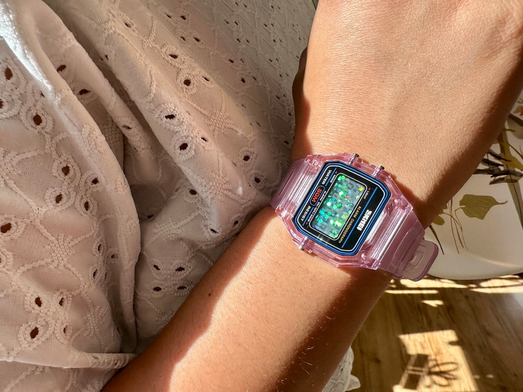 Purple Holo Watch - Rainbow Holographic Glitter Dots - Clear Jelly SKMEI Digital Watch