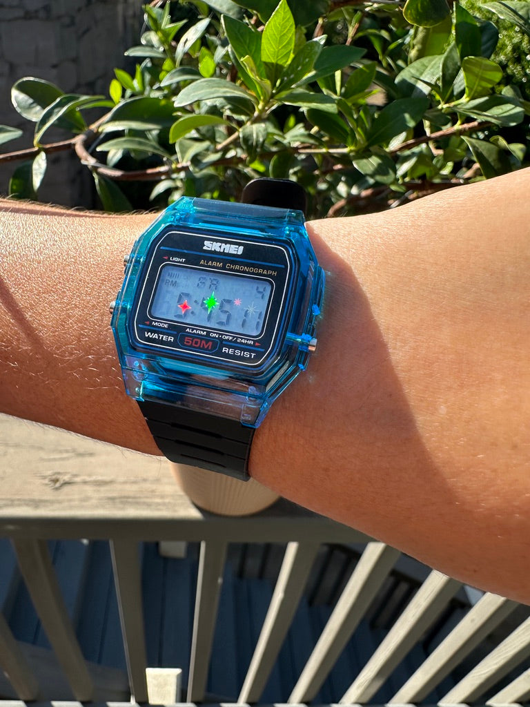 Phantom Aqua Starburst Skmei Digital Watch - Rainbow Holo Mod Jelly Blue Case Black Straps