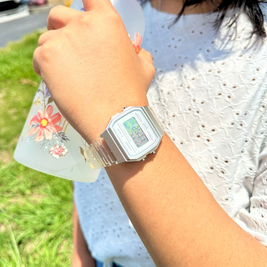 CASIO F-91W Glitter Holo Mod - Holographic Digital Watch Star Field - Clear Transparent Jelly Watch