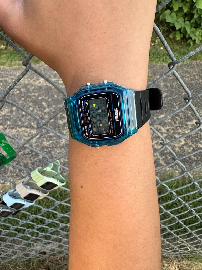 Phantom Aqua Starburst Skmei Digital Watch - Rainbow Holo Mod Jelly Blue Case Black Straps
