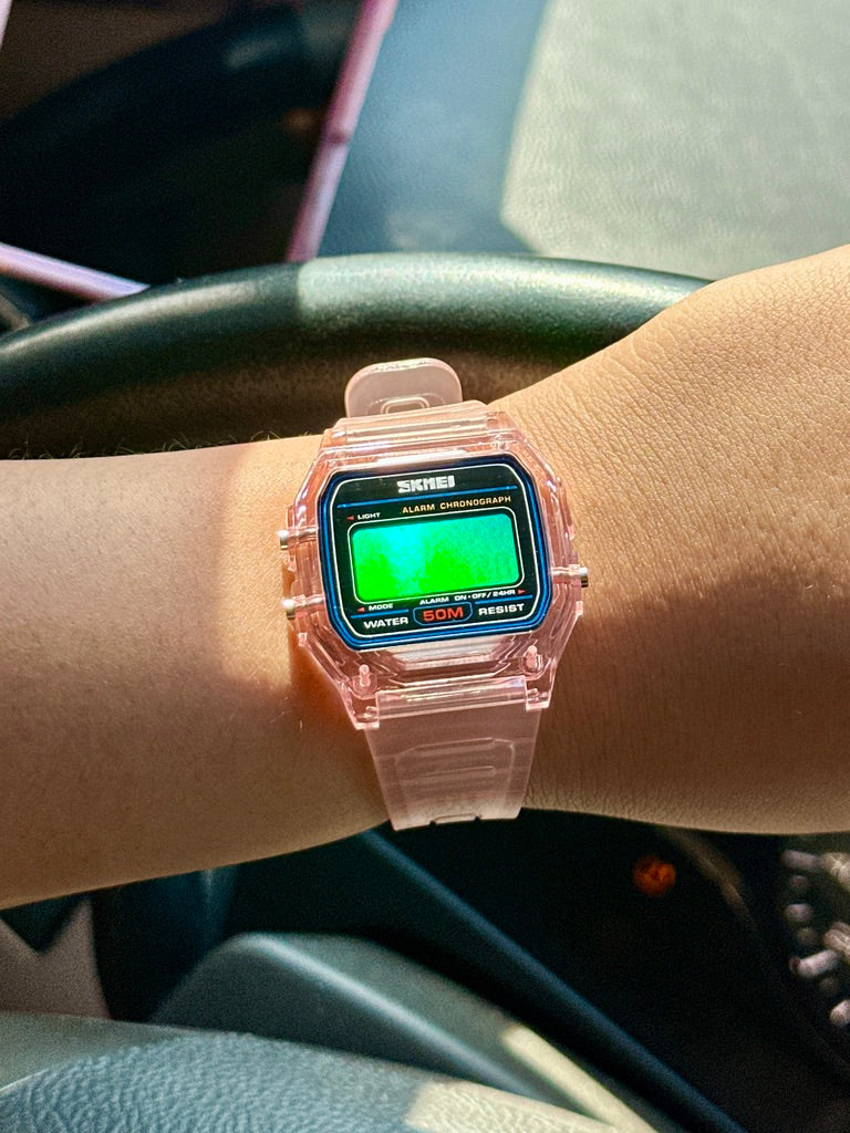PINK Transparent Digital Watch – Rainbow Holographic Full Screen Mod - SKMEI