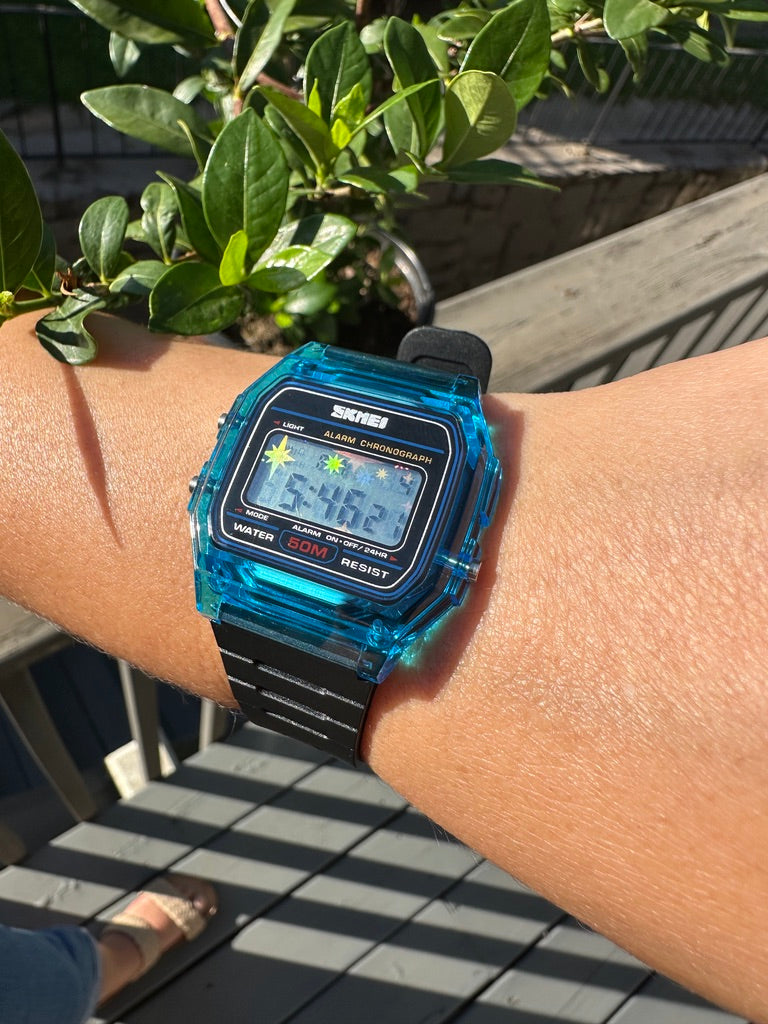 Phantom Aqua Starburst Skmei Digital Watch - Rainbow Holo Mod Jelly Blue Case Black Straps