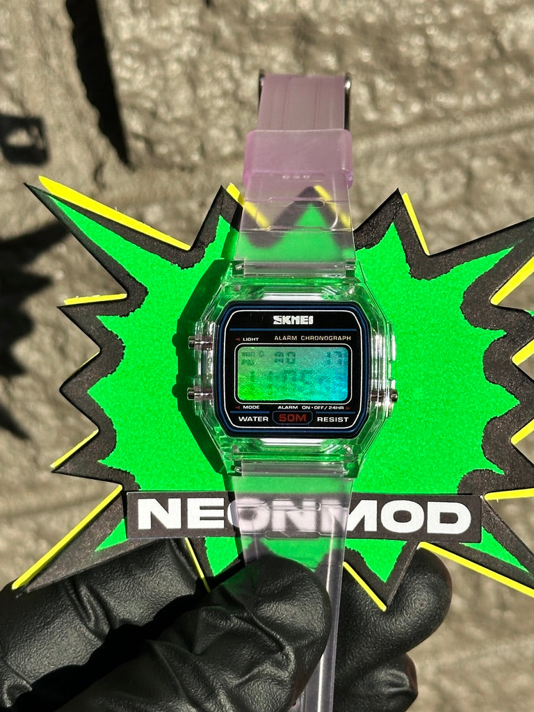 Purple Transparent Digital Watch – Rainbow Holographic Full Screen Mod - SKMEI