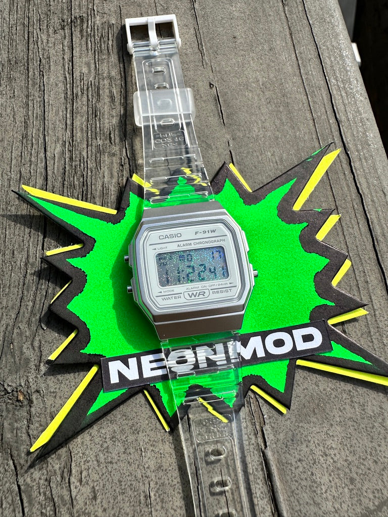 CASIO F-91W Glitter Holo Mod - Holographic Digital Watch Star Field - Clear Transparent Jelly Watch