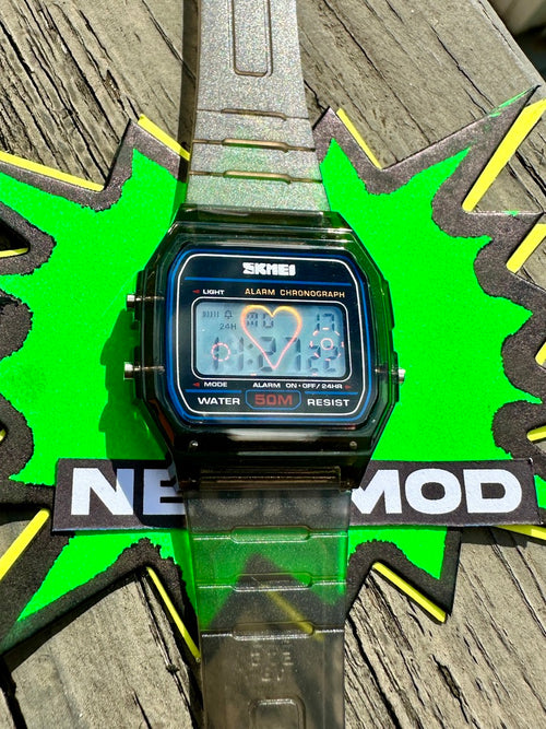 Black Holo Watch - Rainbow Holographic Heart - Clear Jelly SKMEI Digital Watch