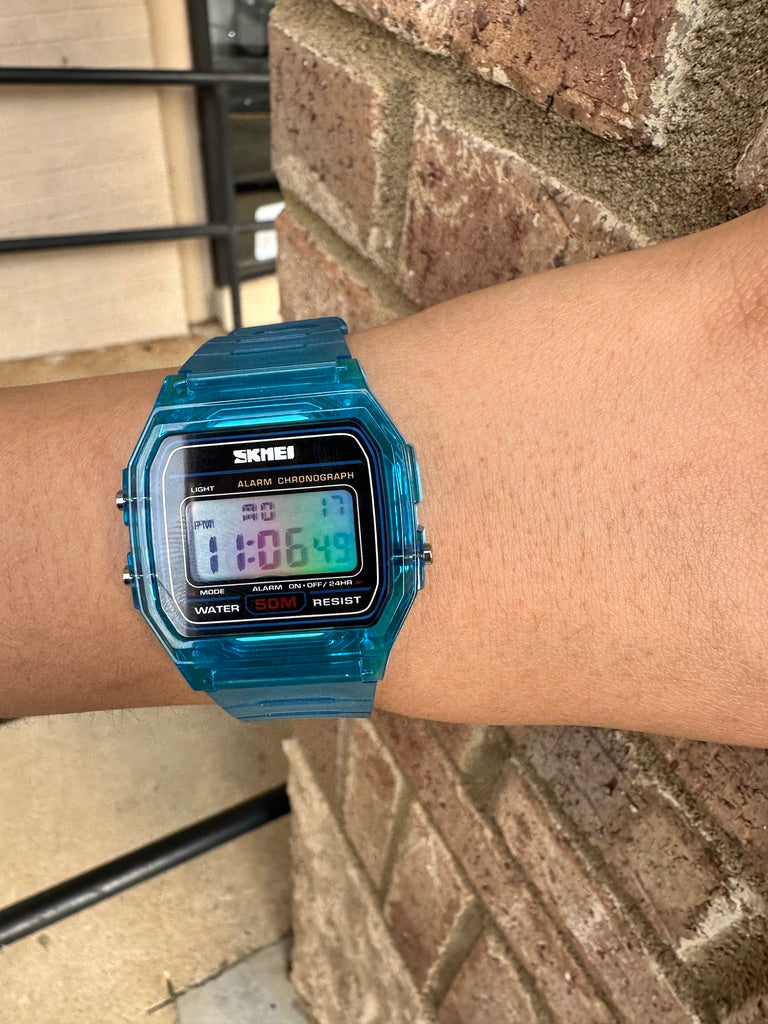 Blue Transparent Digital Watch – Rainbow Holographic Full Screen Mod - SKMEI