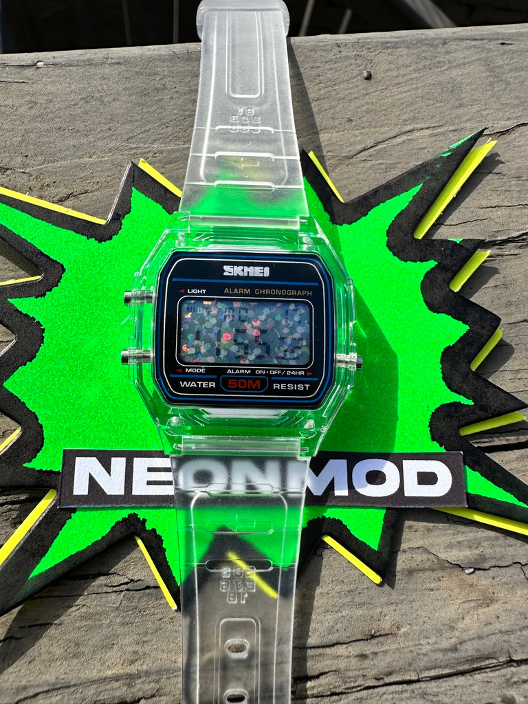 Clear Jelly SKMEI Digital Watch - Transparent Holo Watch - Rainbow Holographic Glitter Dots