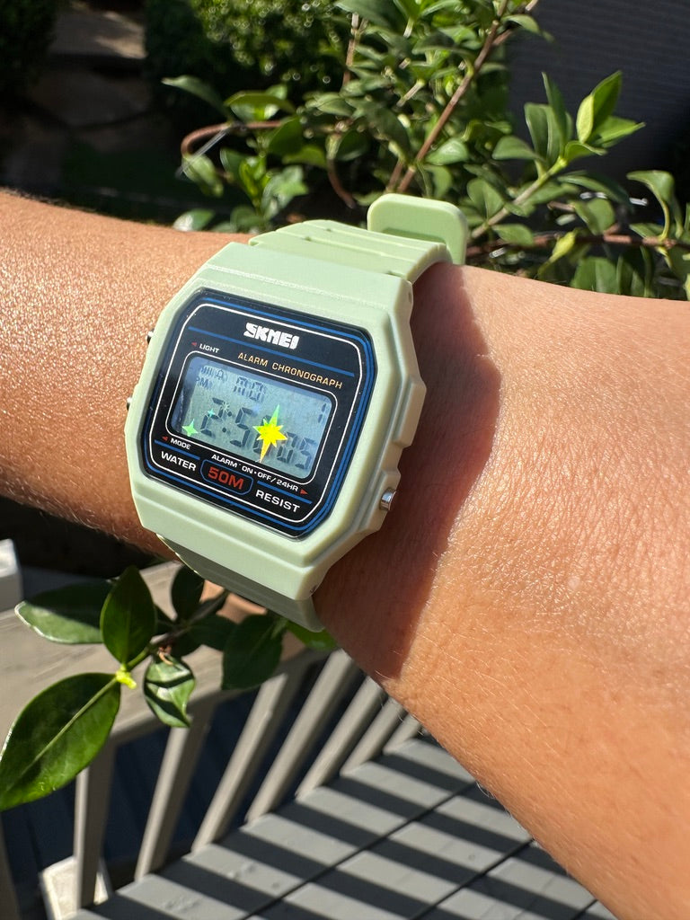 Honeydew Melon Starburst Skmei Digital Watch - Rainbow Holo Mod Pastel Light Green