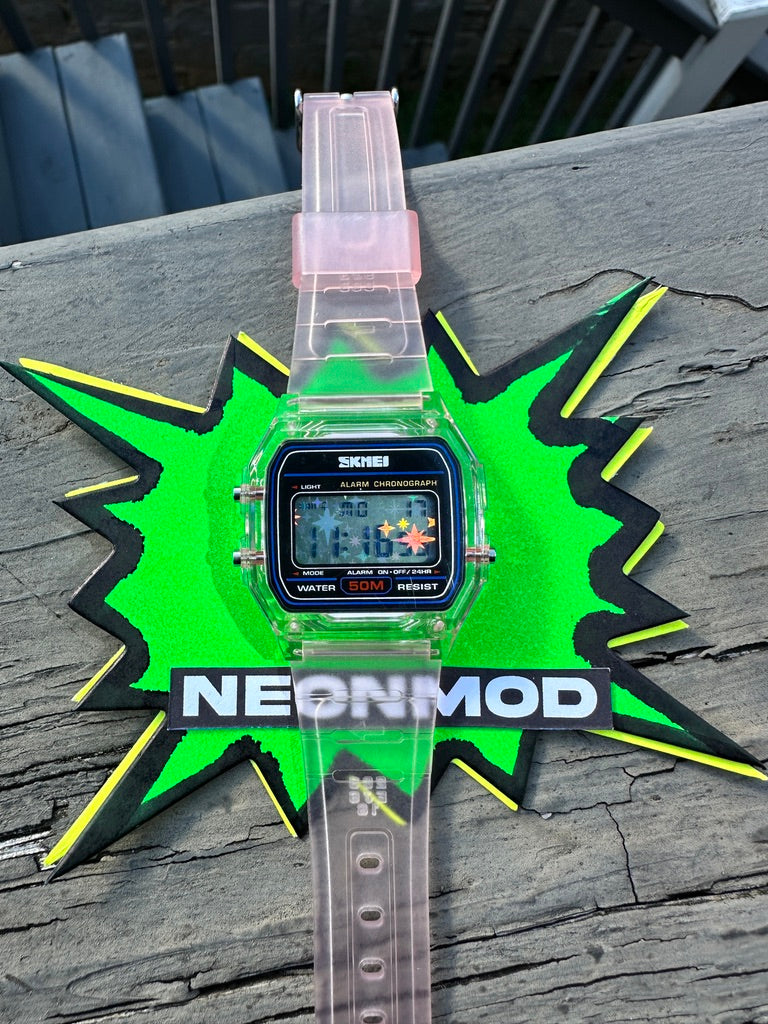 Pink Holo Watch - Rainbow Holographic Star Burst Mod - Clear SKMEI Digital Watch