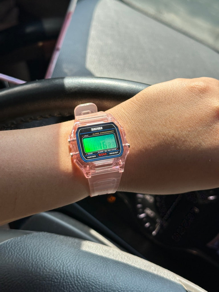 PINK Transparent Digital Watch – Rainbow Holographic Full Screen Mod - SKMEI