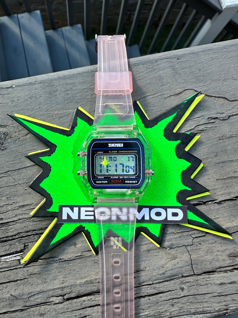 Pink Holo Watch - Rainbow Holographic Star Burst Mod - Clear SKMEI Digital Watch