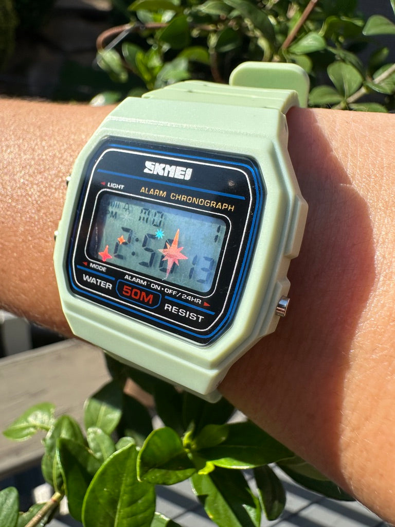 Honeydew Melon Starburst Skmei Digital Watch - Rainbow Holo Mod Pastel Light Green