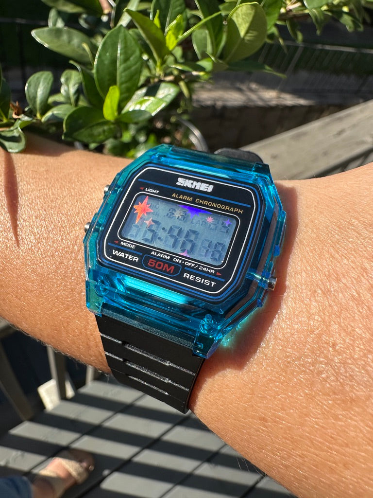 Phantom Aqua Starburst Skmei Digital Watch - Rainbow Holo Mod Jelly Blue Case Black Straps