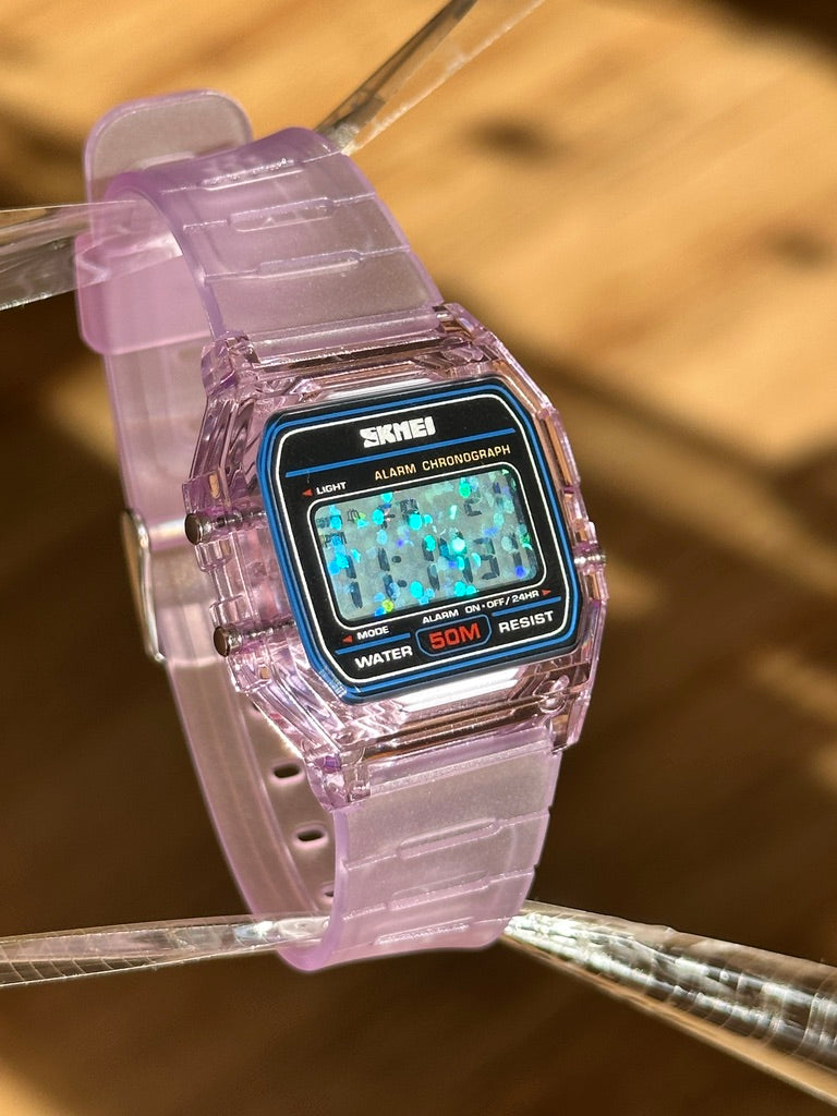 Purple Holo Watch - Rainbow Holographic Glitter Dots - Clear Jelly SKMEI Digital Watch