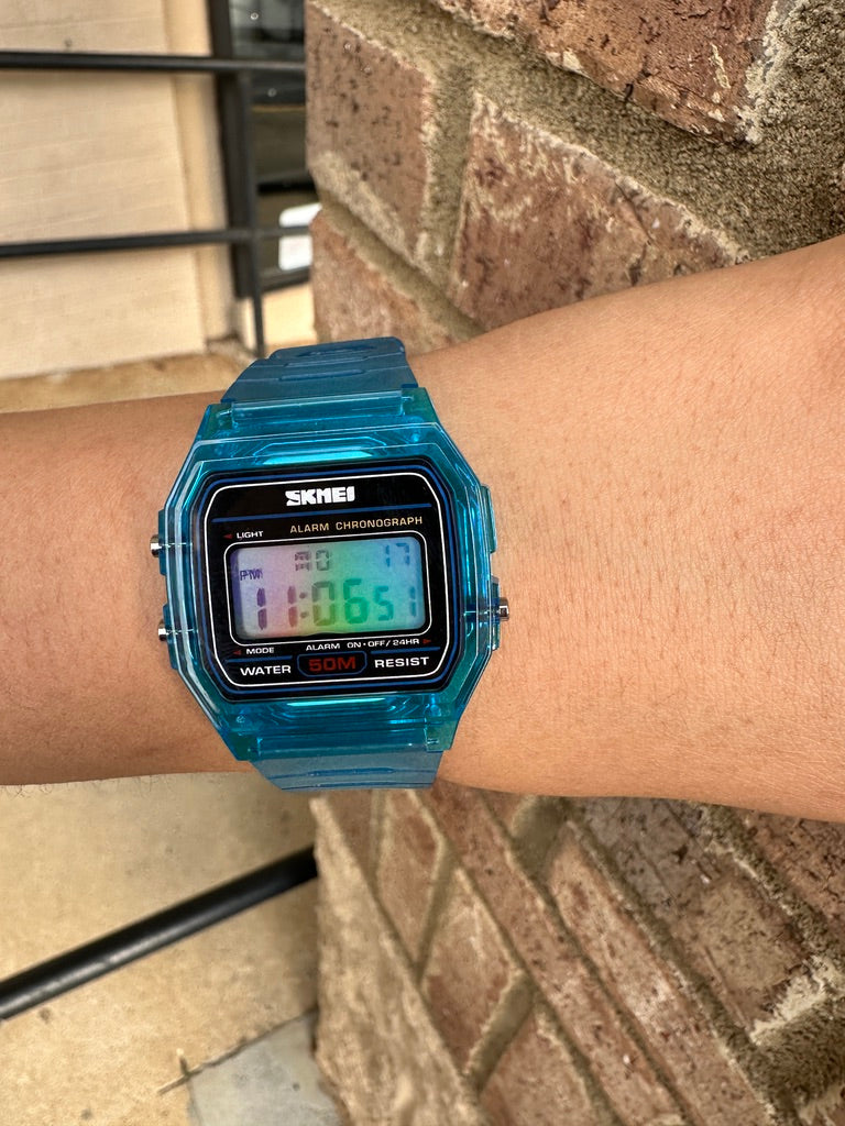 Blue Transparent Digital Watch – Rainbow Holographic Full Screen Mod - SKMEI