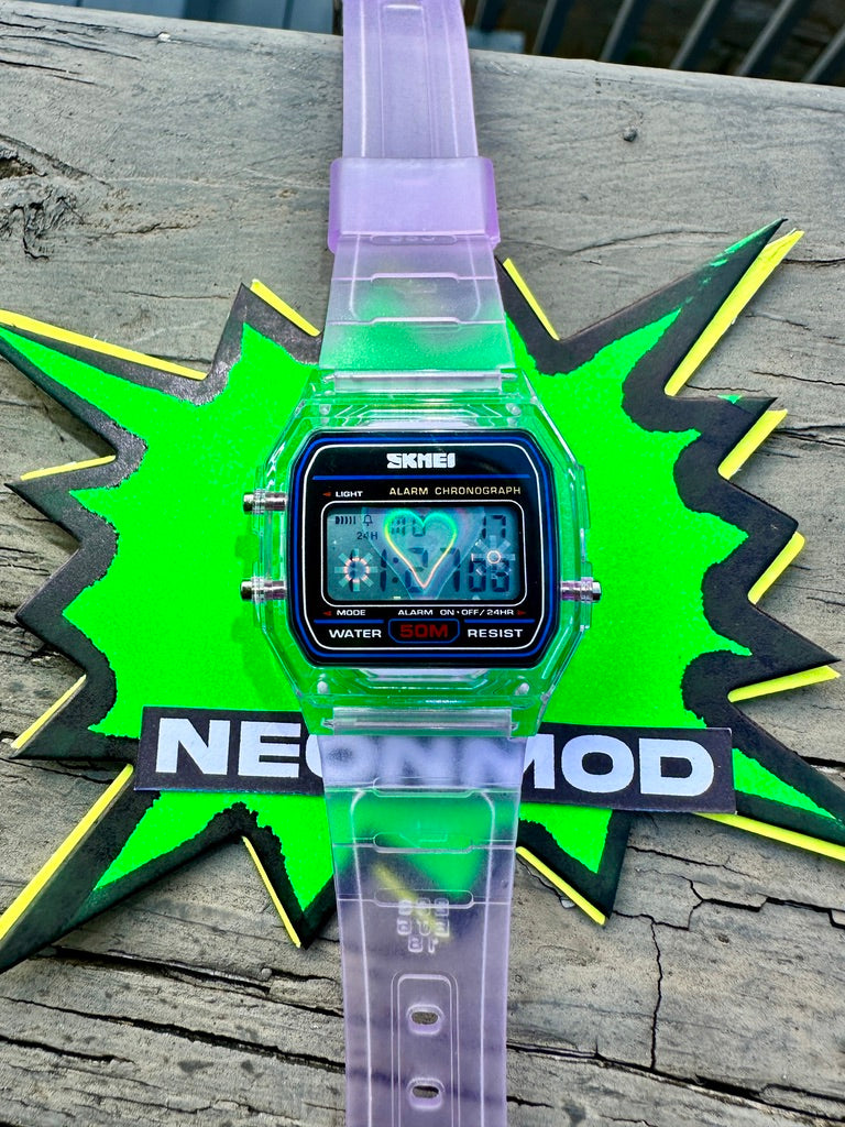 Purple Holo Watch - Rainbow Holographic Heart - Clear SKMEI Digital Watch