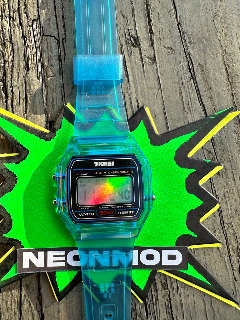 Blue Transparent Digital Watch – Rainbow Holographic Full Screen Mod - SKMEI