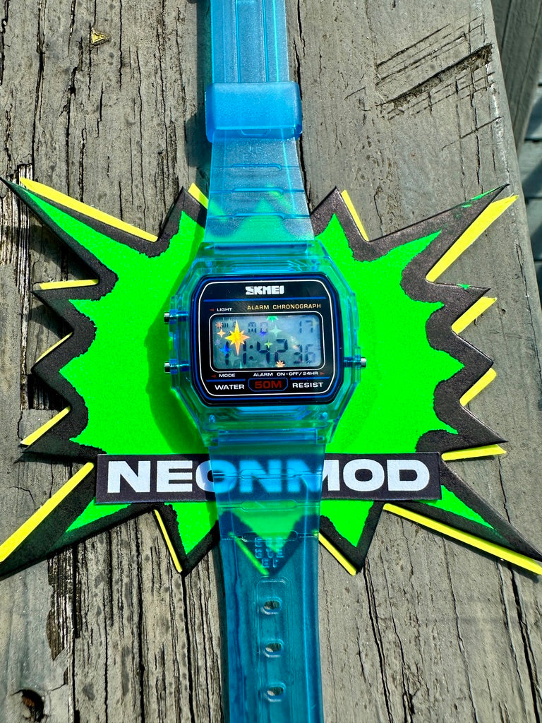 Starburst Mod Holographic Blue Y2K Watch - Translucent Retro Digital Wristwatch