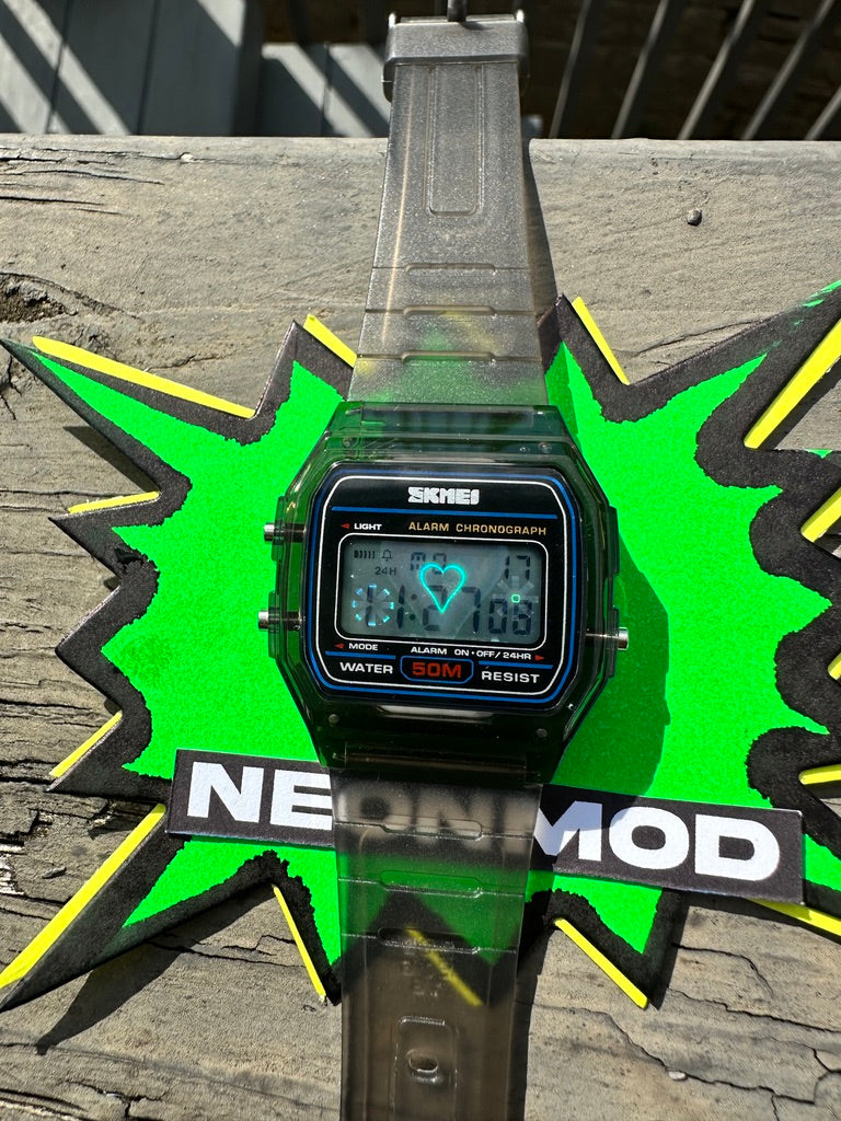 Black Holo Watch - Rainbow Holographic Heart - Clear Jelly SKMEI Digital Watch