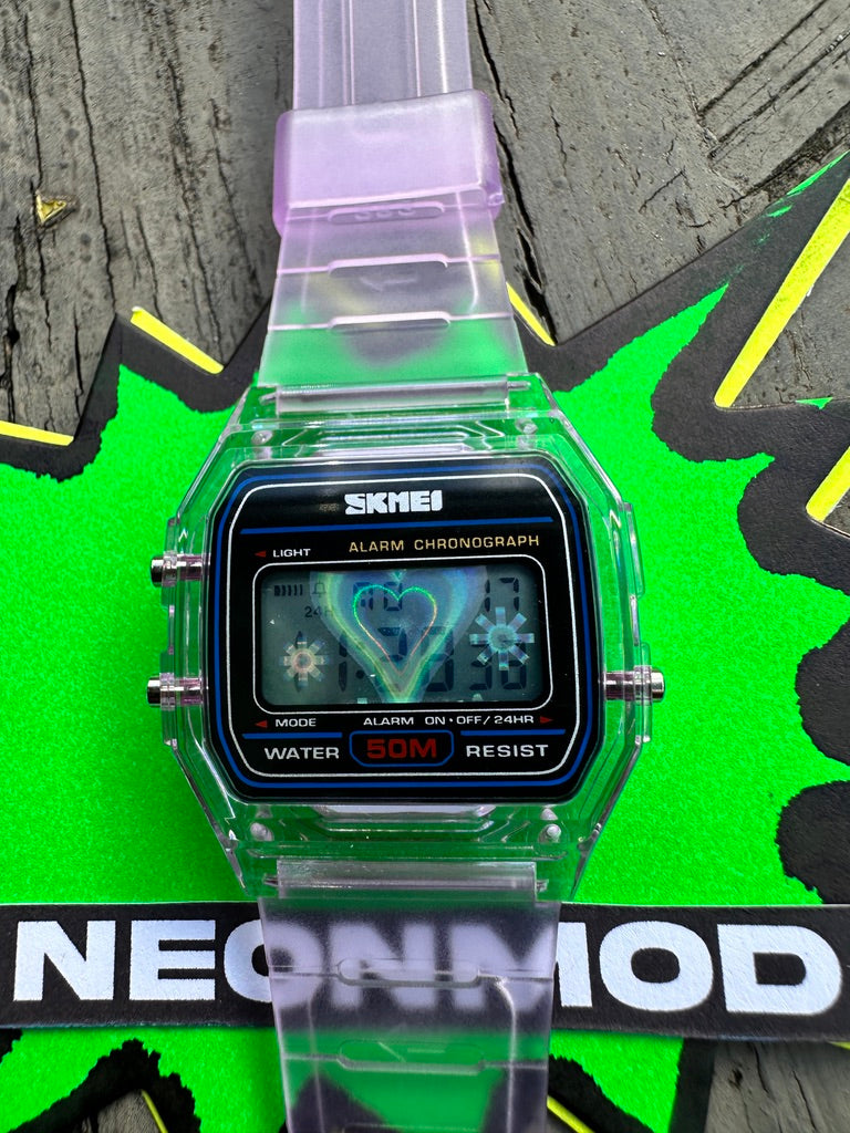 Purple Holo Watch - Rainbow Holographic Heart - Clear SKMEI Digital Watch