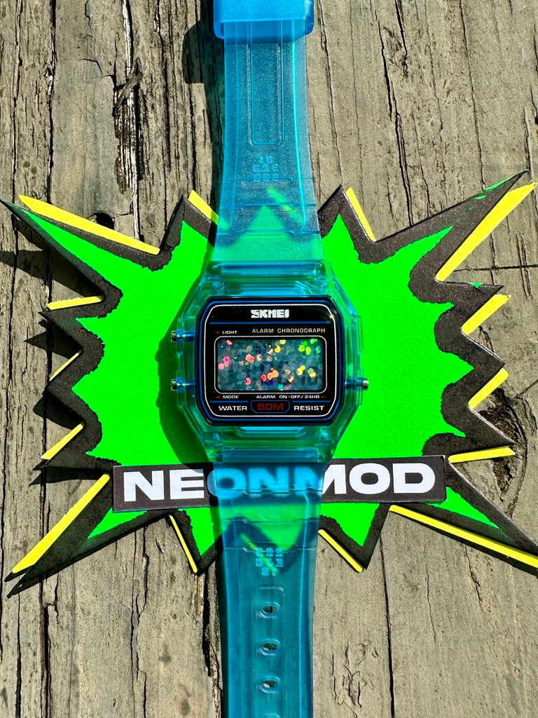 Blue Holo Watch - Rainbow Holographic Glitter Dots - Clear Jelly SKMEI Digital Watch