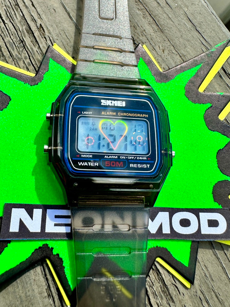 Black Holo Watch - Rainbow Holographic Heart - Clear Jelly SKMEI Digital Watch