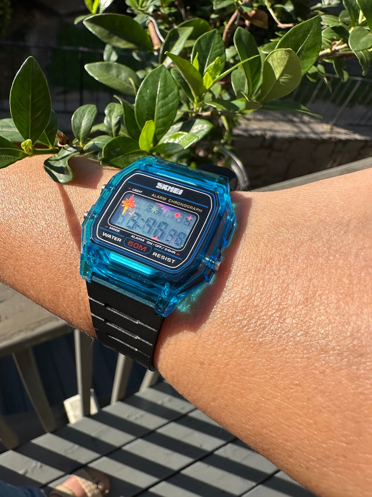 Phantom Aqua Starburst Skmei Digital Watch - Rainbow Holo Mod Jelly Blue Case Black Straps