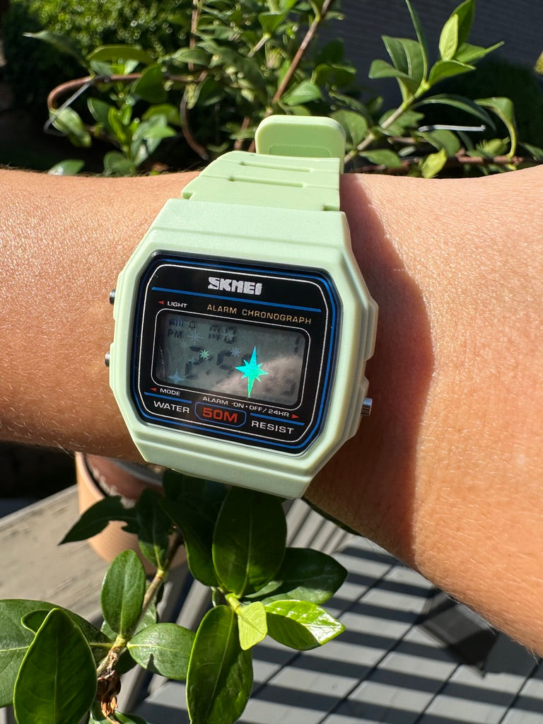 Honeydew Melon Starburst Skmei Digital Watch - Rainbow Holo Mod Pastel Light Green