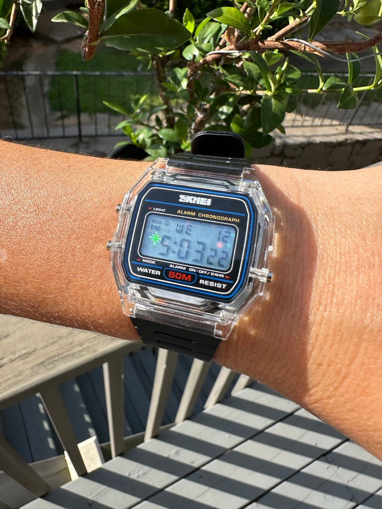 Midnight Ice Starburst Skmei Digital Watch - Rainbow Holo Mod - Clear and Black